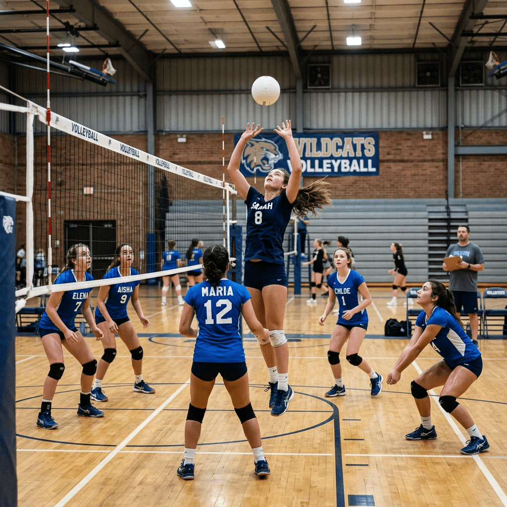 Volleyball player in navy blue jumps to set ball with teammates in blue jerseys ready to play